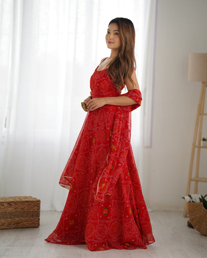 FLORAL RED COLOR BANDHANI PRINT SOFT CHIFFON ANARKALI GOWN