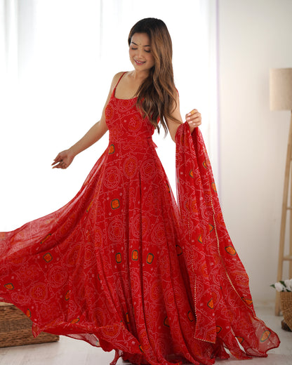FLORAL RED COLOR BANDHANI PRINT SOFT CHIFFON ANARKALI GOWN