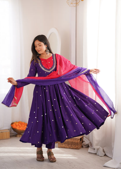 ROYAL PURPLE EMBELLISHED ANARKALI SUIT SET WITH DUAL TONE DUPATTA