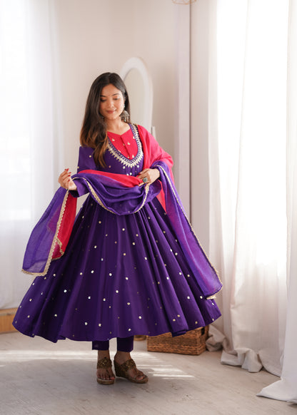 ROYAL PURPLE EMBELLISHED ANARKALI SUIT SET WITH DUAL TONE DUPATTA