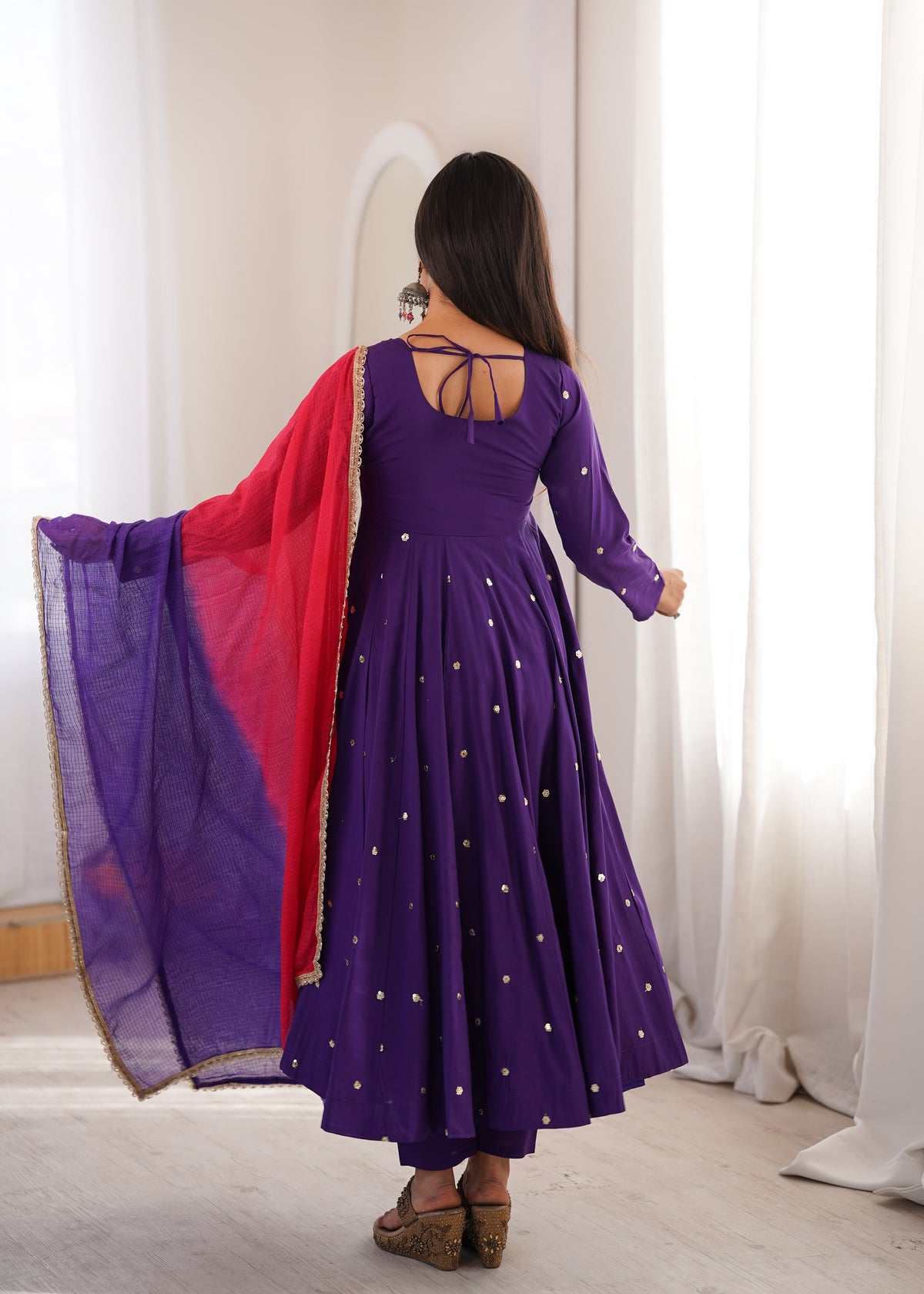 ROYAL PURPLE EMBELLISHED ANARKALI SUIT SET WITH DUAL TONE DUPATTA
