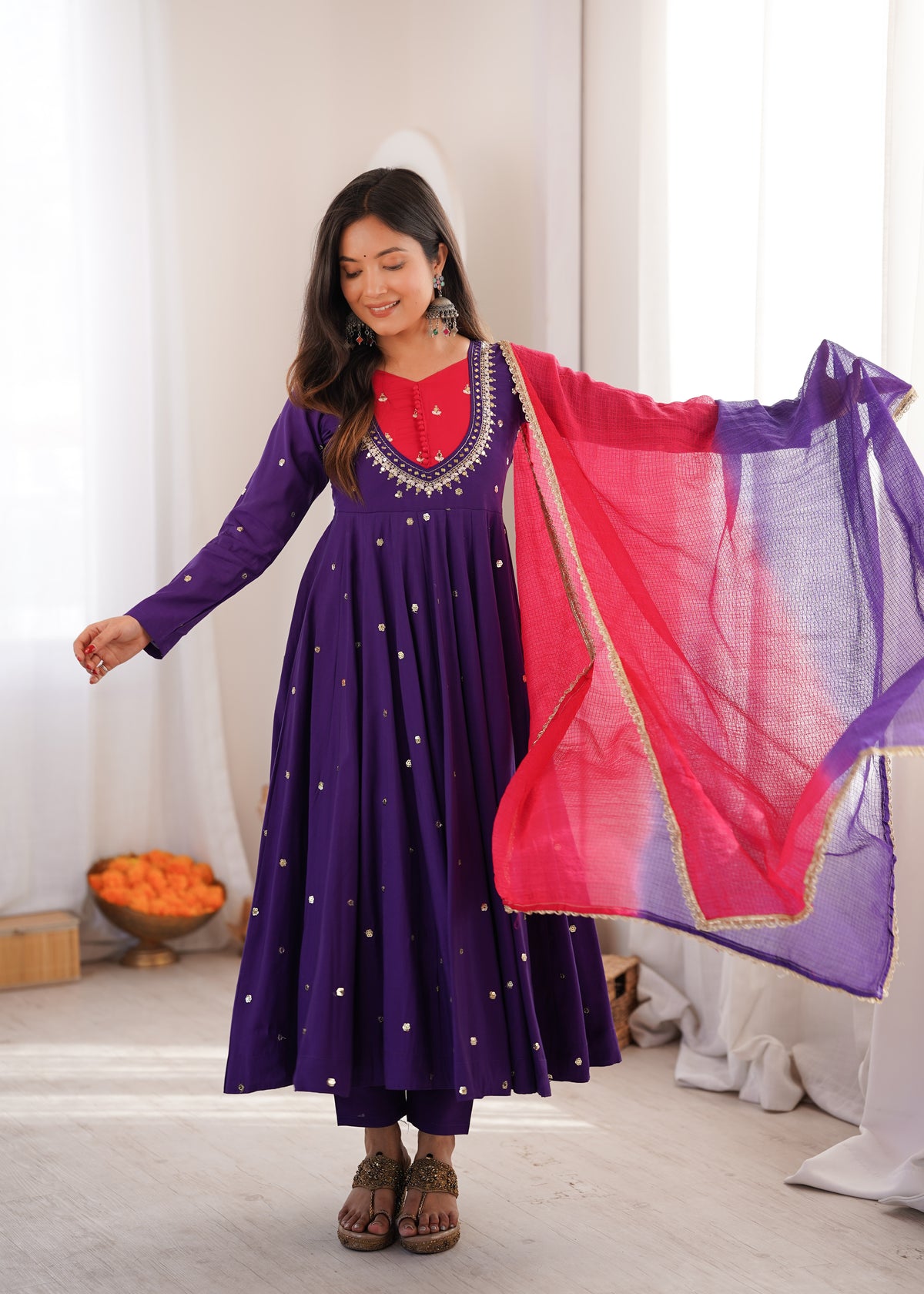 ROYAL PURPLE EMBELLISHED ANARKALI SUIT SET WITH DUAL TONE DUPATTA