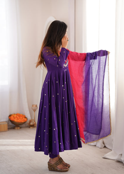 ROYAL PURPLE EMBELLISHED ANARKALI SUIT SET WITH DUAL TONE DUPATTA