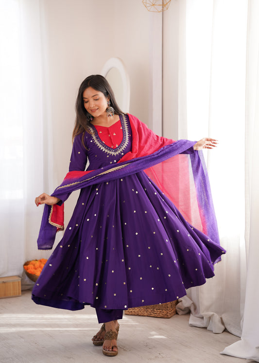 ROYAL PURPLE EMBELLISHED ANARKALI SUIT SET WITH DUAL TONE DUPATTA