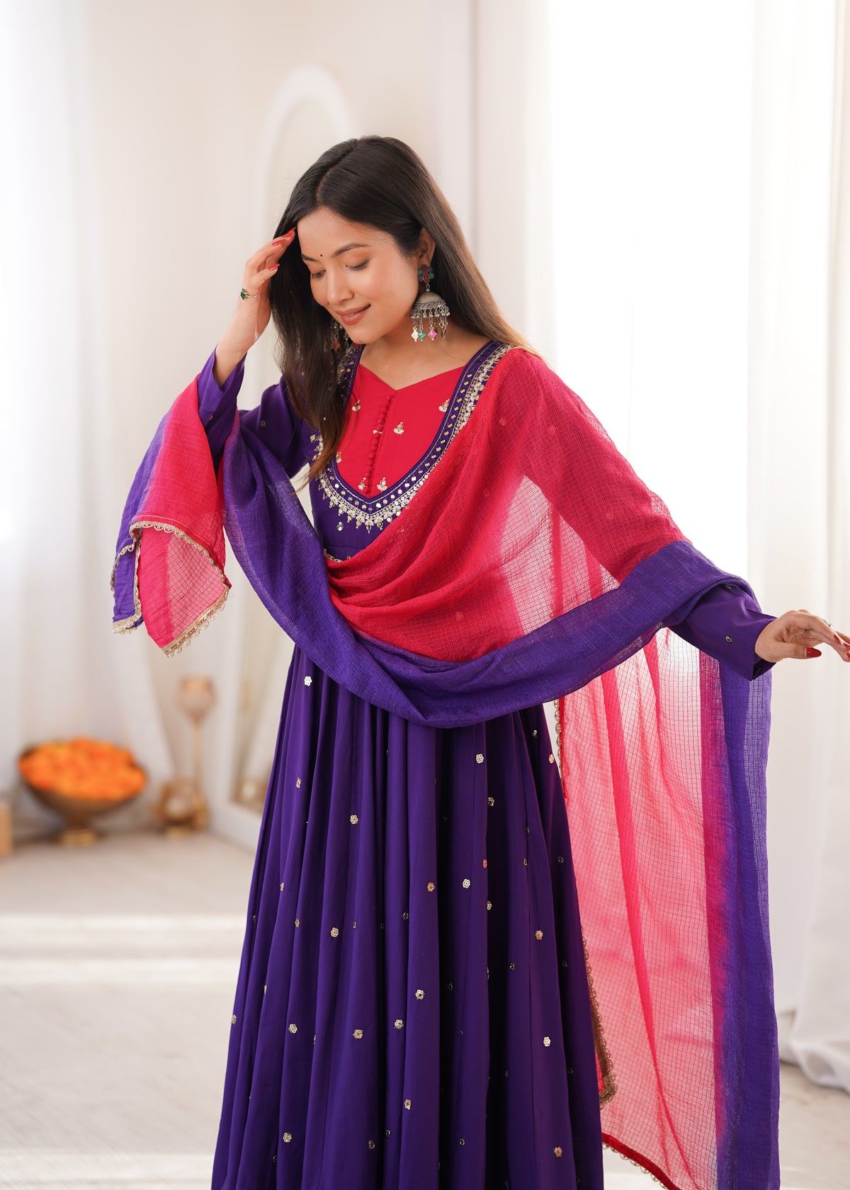 ROYAL PURPLE EMBELLISHED ANARKALI SUIT SET WITH DUAL TONE DUPATTA