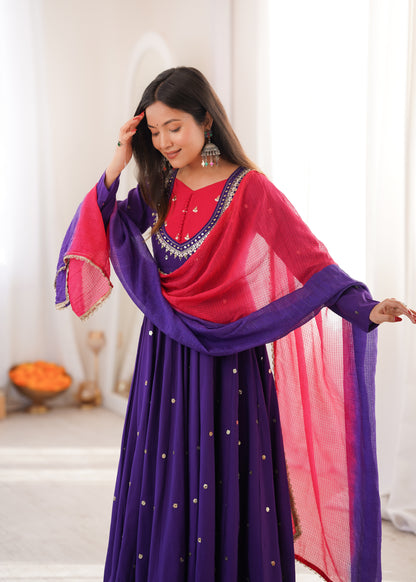 ROYAL PURPLE EMBELLISHED ANARKALI SUIT SET WITH DUAL TONE DUPATTA