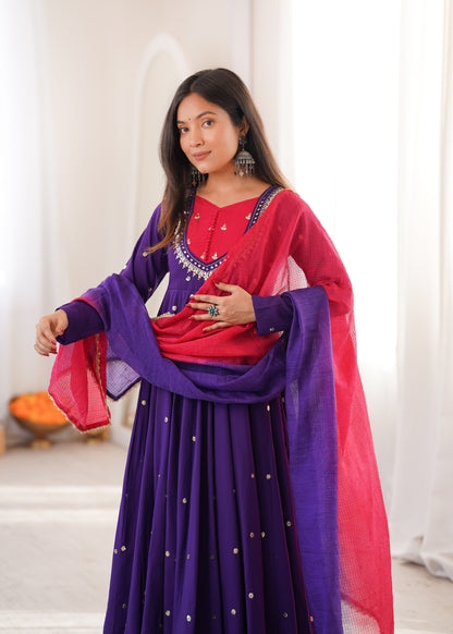ROYAL PURPLE EMBELLISHED ANARKALI SUIT SET WITH DUAL TONE DUPATTA