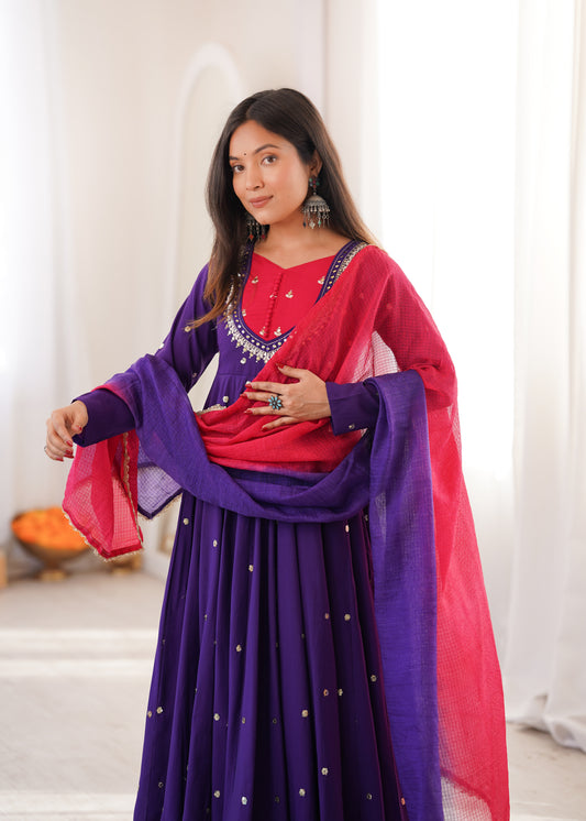 ROYAL PURPLE EMBELLISHED ANARKALI SUIT SET WITH DUAL TONE DUPATTA
