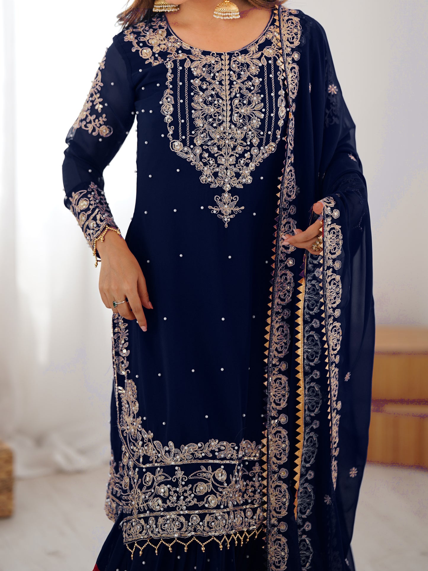 NAVY BLUE COLOR FAUX GEORGETTE FABRIC SEQUENCE AND THREAD WITH PEARL WORK SHARARA SET