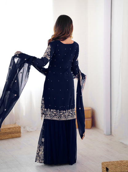 NAVY BLUE COLOR FAUX GEORGETTE FABRIC SEQUENCE AND THREAD WITH PEARL WORK SHARARA SET