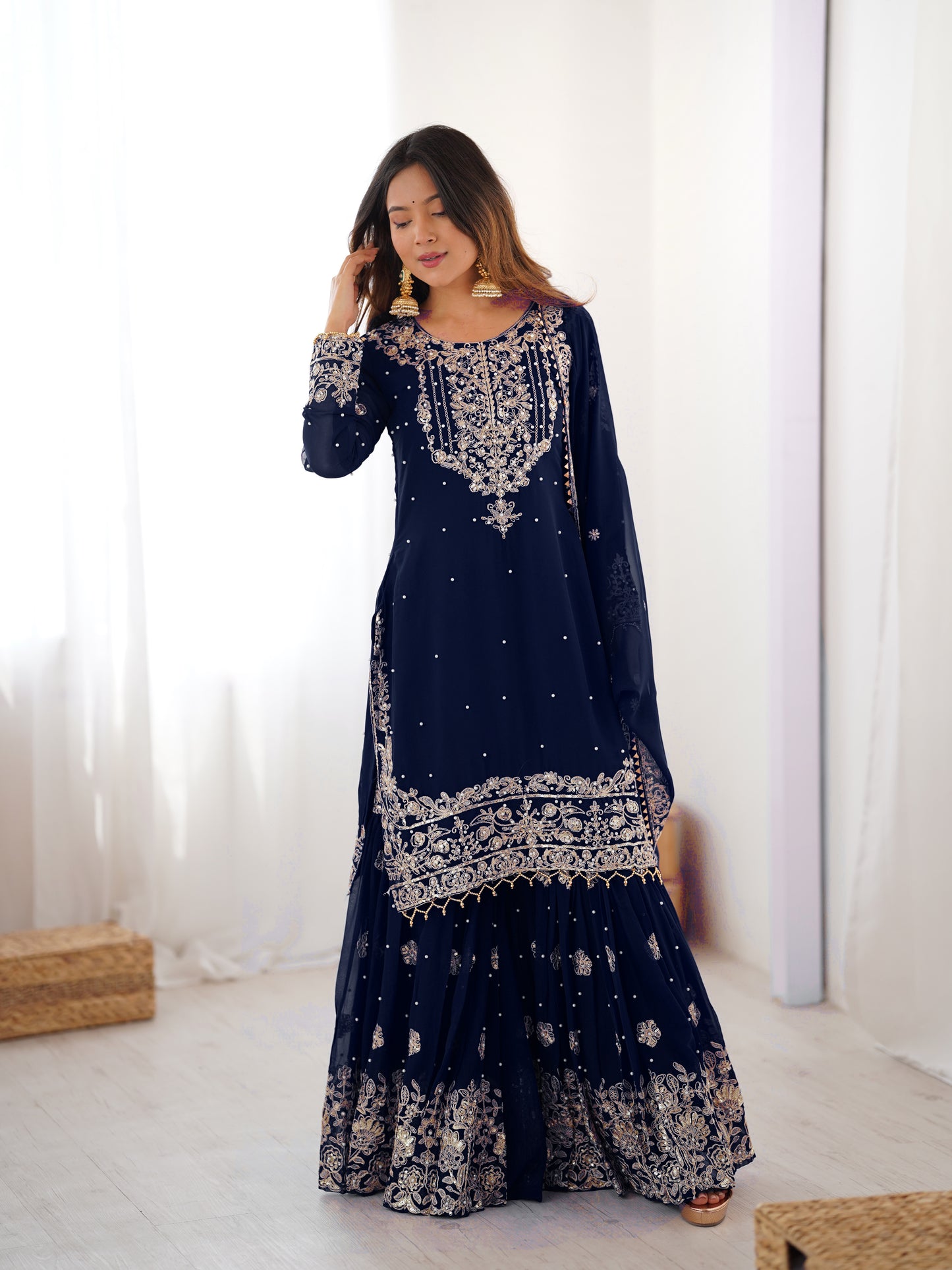 NAVY BLUE COLOR FAUX GEORGETTE FABRIC SEQUENCE AND THREAD WITH PEARL WORK SHARARA SET