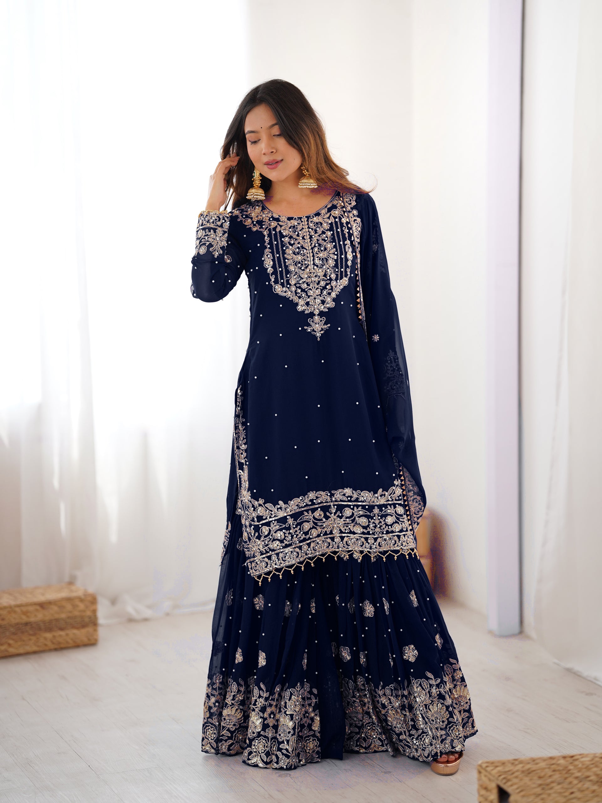 NAVY BLUE COLOR FAUX GEORGETTE FABRIC SEQUENCE AND THREAD WITH PEARL WORK SHARARA SET