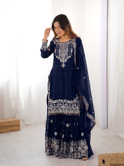 NAVY BLUE COLOR FAUX GEORGETTE FABRIC SEQUENCE AND THREAD WITH PEARL WORK SHARARA SET