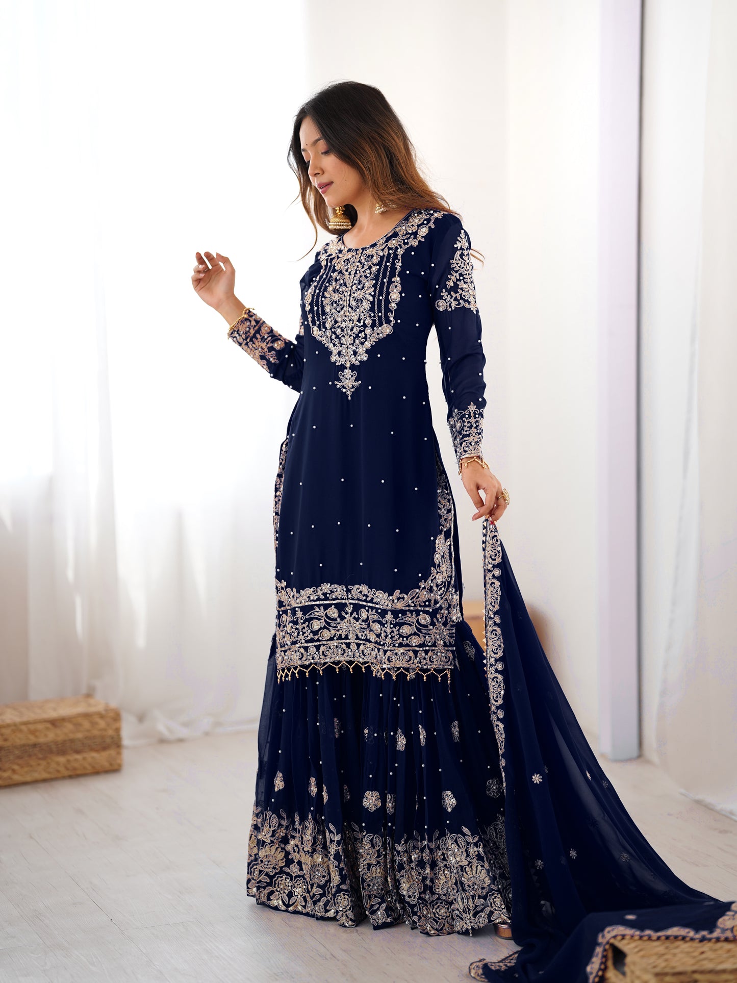 NAVY BLUE COLOR FAUX GEORGETTE FABRIC SEQUENCE AND THREAD WITH PEARL WORK SHARARA SET