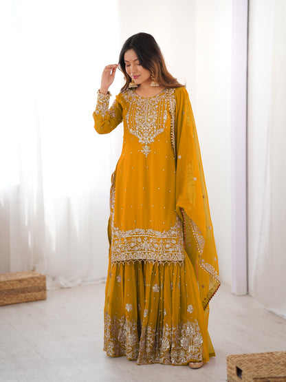 MUSTARD COLOR FAUX GEORGETTE FABRIC SEQUENCE AND THREAD WITH PEARL WORK SHARARA SET