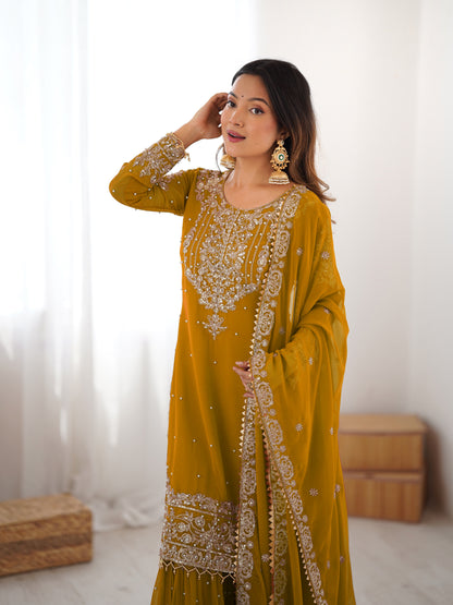 MUSTARD COLOR FAUX GEORGETTE FABRIC SEQUENCE AND THREAD WITH PEARL WORK SHARARA SET