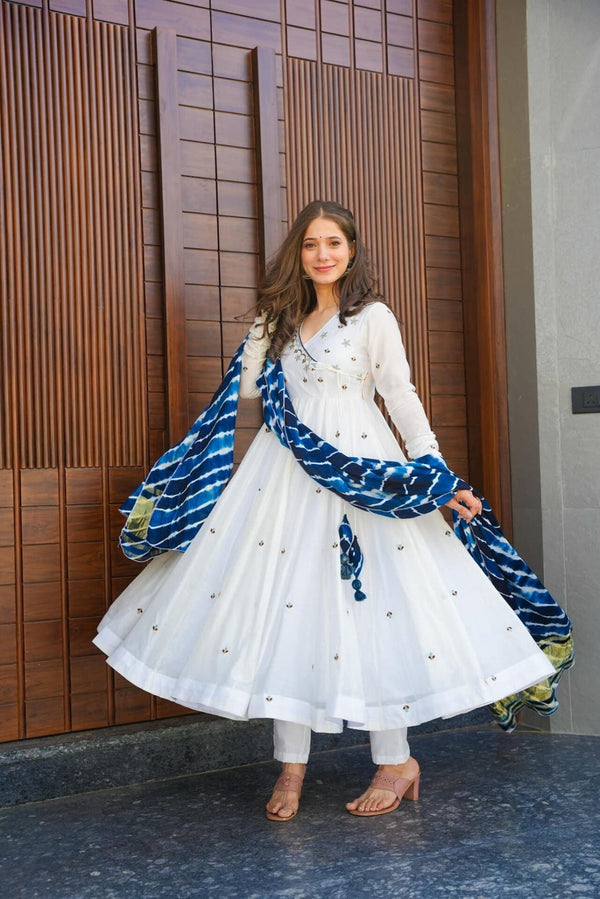 WHITE COLOUR GEORGETTE BASE EMBROIDERY WORK ANARKALI SUIT SET OF 3