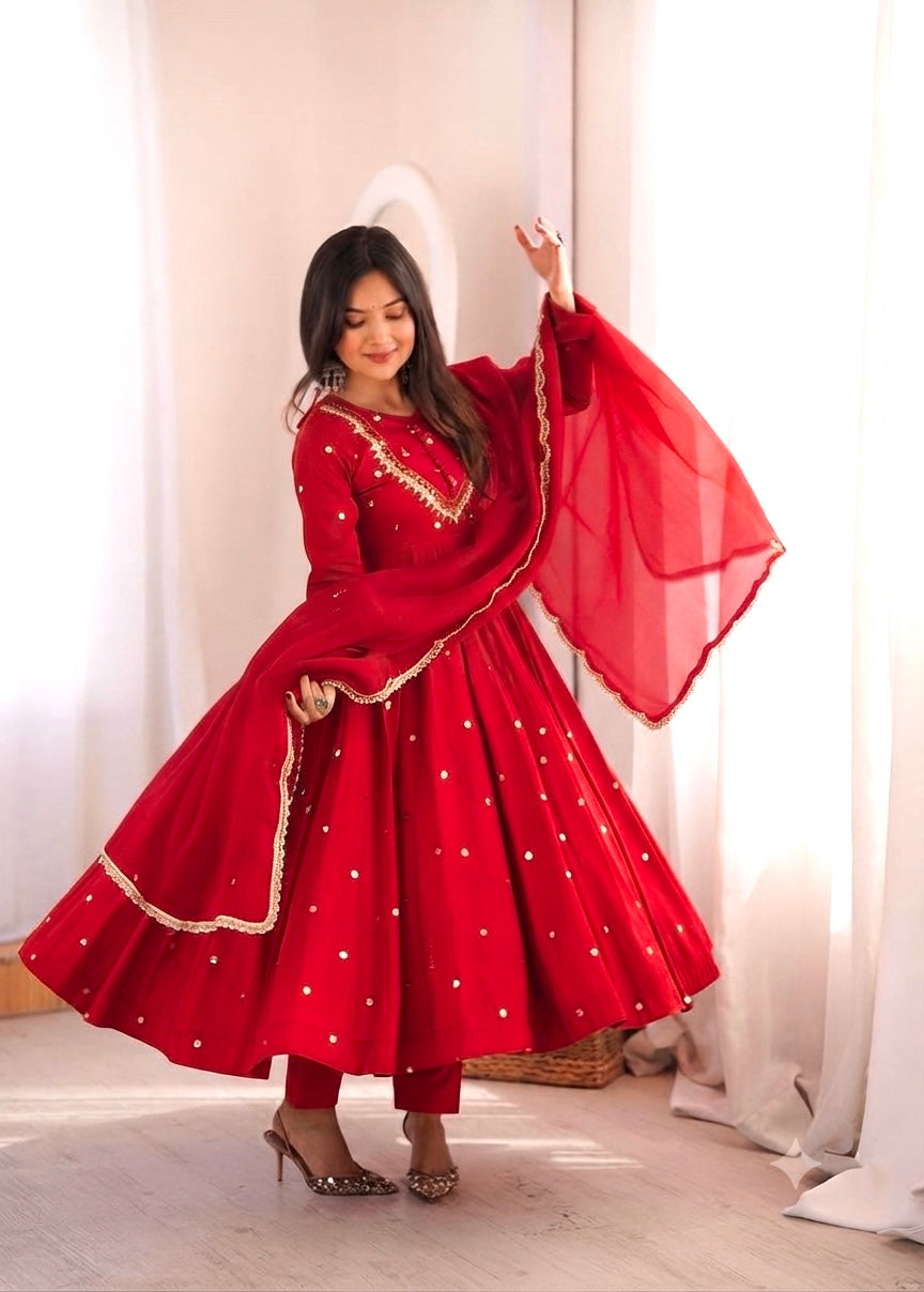 CRIMSON RED MIRROR WORK ANARKALI SUIT SET