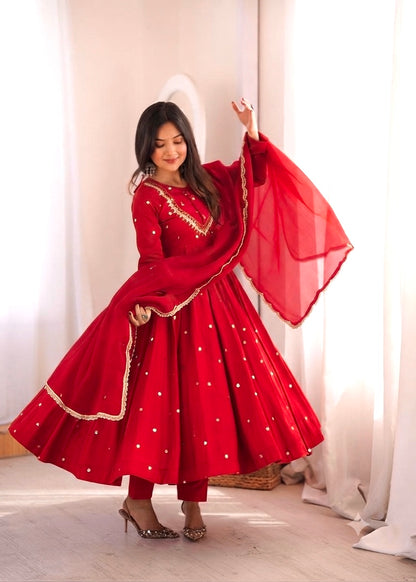 CRIMSON RED MIRROR WORK ANARKALI SUIT SET