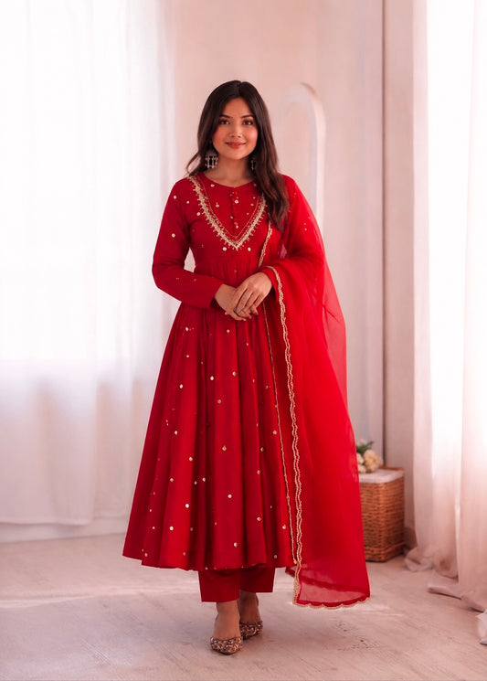 CRIMSON RED MIRROR WORK ANARKALI SUIT SET