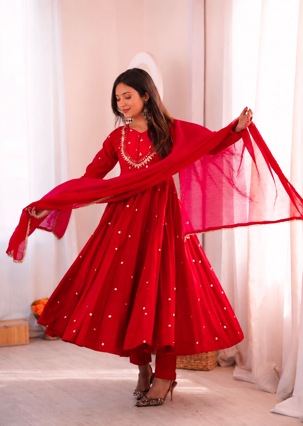 CRIMSON RED MIRROR WORK ANARKALI SUIT SET