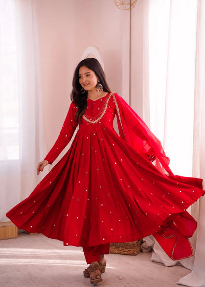 CRIMSON RED MIRROR WORK ANARKALI SUIT SET