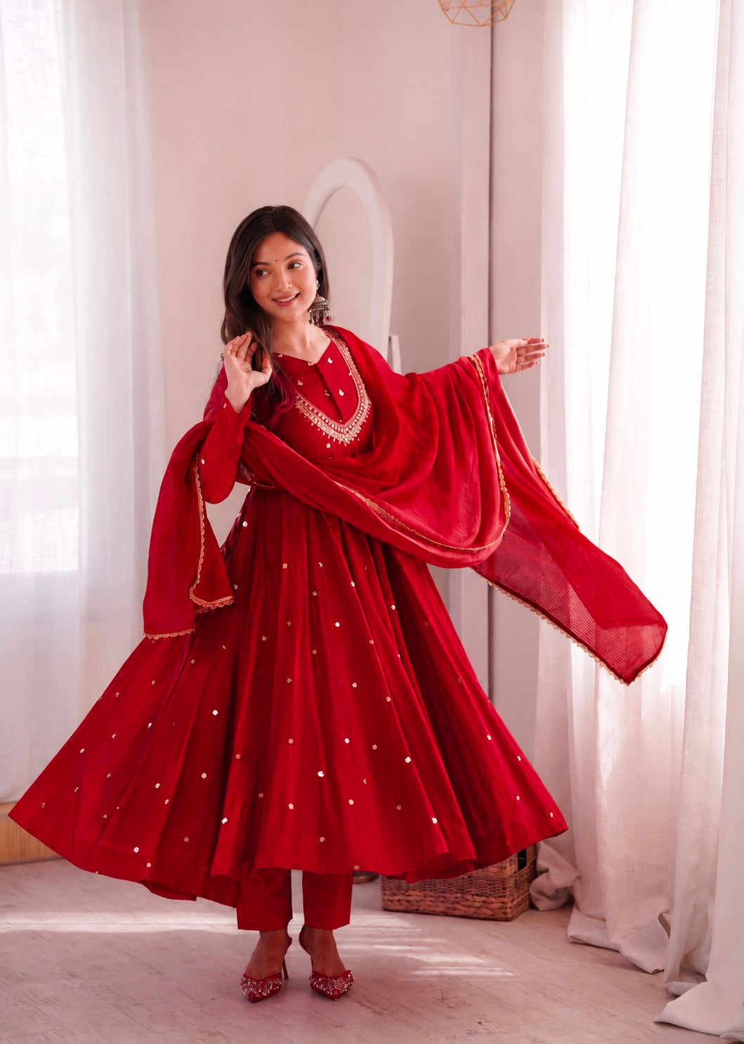 CRIMSON RED MIRROR WORK ANARKALI SUIT SET