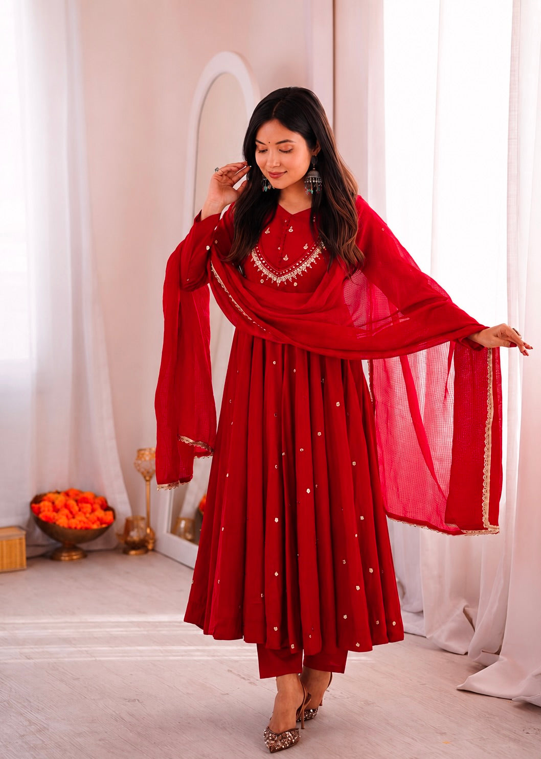 CRIMSON RED MIRROR WORK ANARKALI SUIT SET