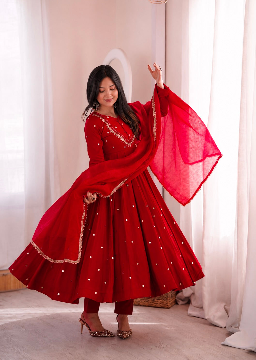CRIMSON RED MIRROR WORK ANARKALI SUIT SET