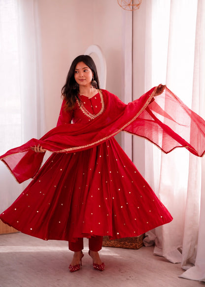 CRIMSON RED MIRROR WORK ANARKALI SUIT SET