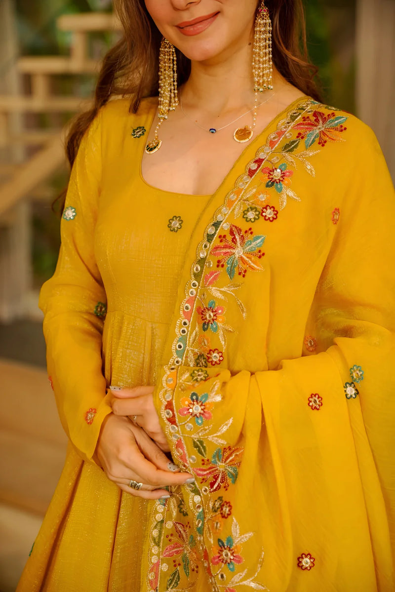 MINAXI FESTIVE SPECIAL YELLOW FLARED ANARKALI SUIT SET