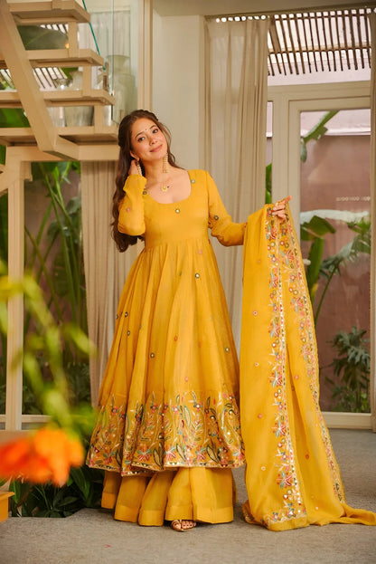 MINAXI FESTIVE SPECIAL YELLOW FLARED ANARKALI SUIT SET