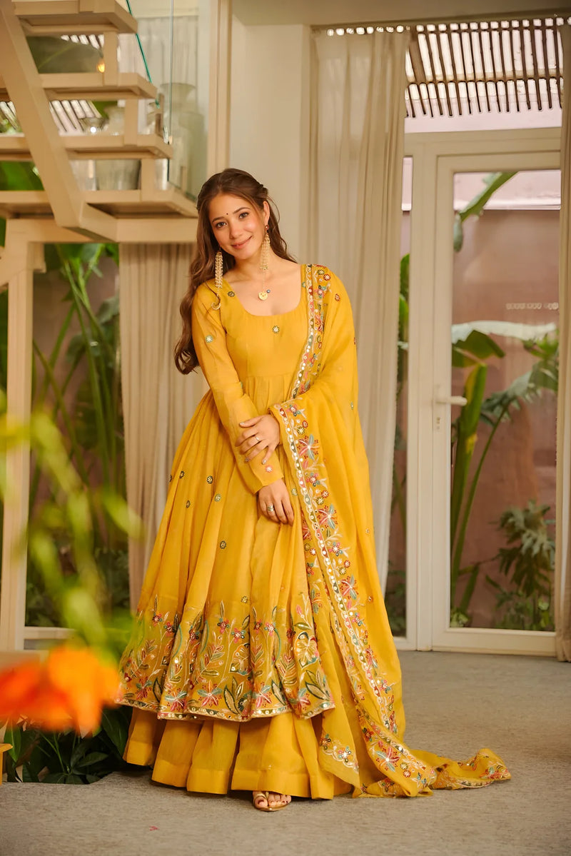 MINAXI FESTIVE SPECIAL YELLOW FLARED ANARKALI SUIT SET