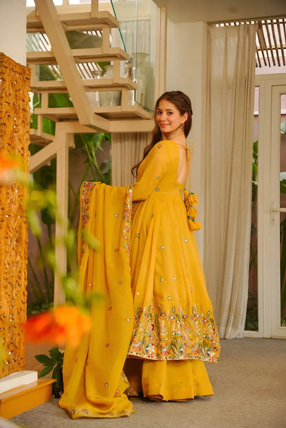 MINAXI FESTIVE SPECIAL YELLOW FLARED ANARKALI SUIT SET