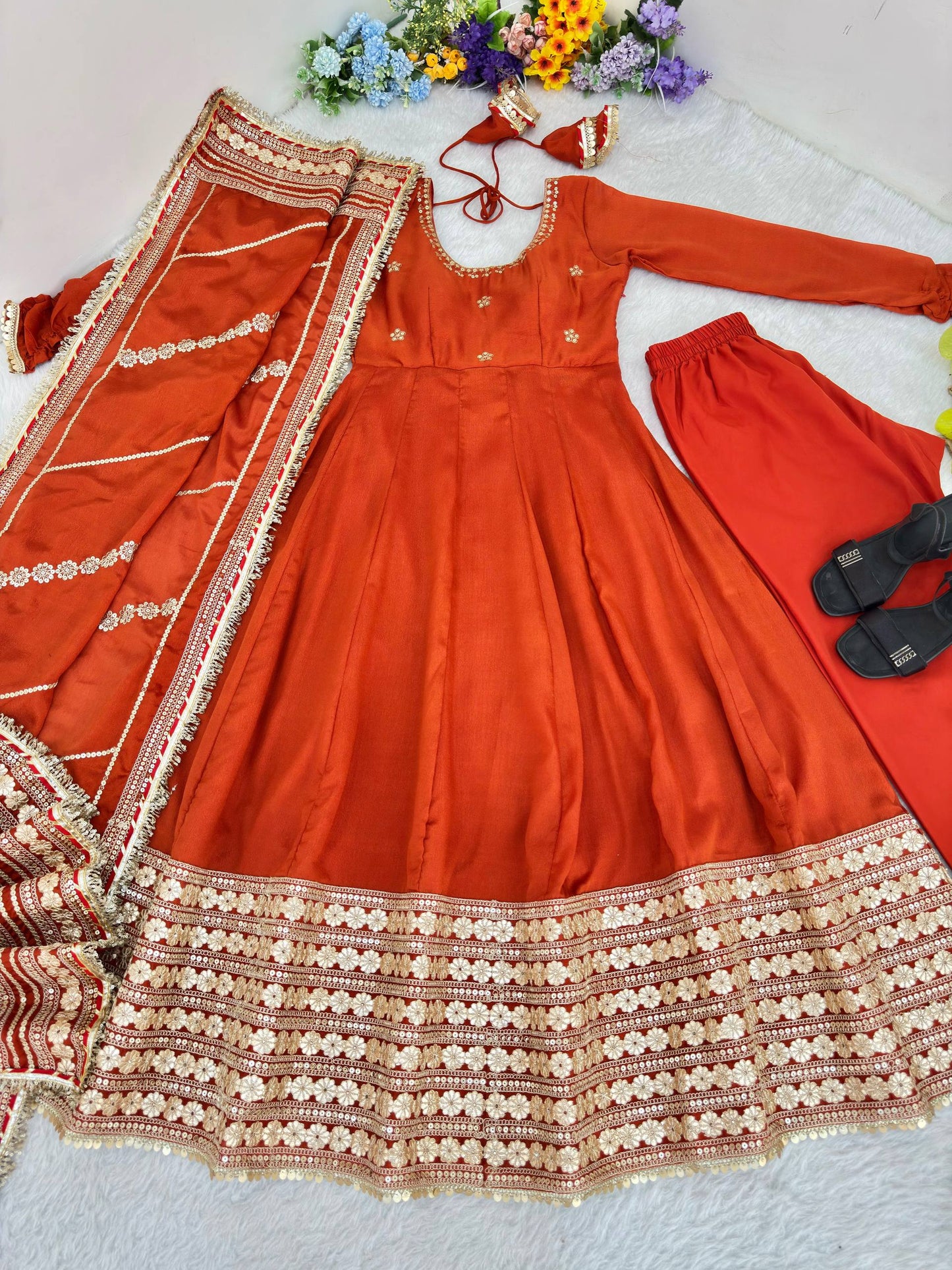 LUXURY CHINON SILK RUST ORANGE ANARKALI SUIT WITH RICH EMBROIDERY WORK