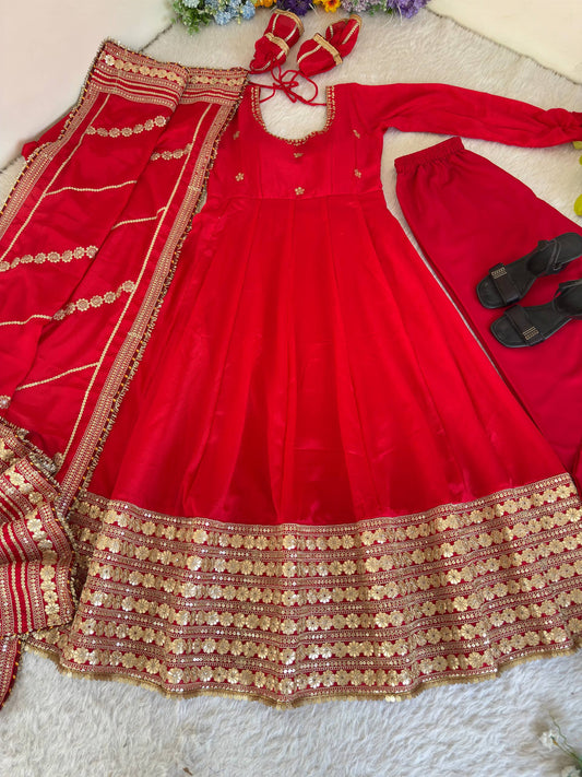 LUXURY CHINON SILK RED ANARKALI SUIT WITH RICH EMBROIDERY WORK