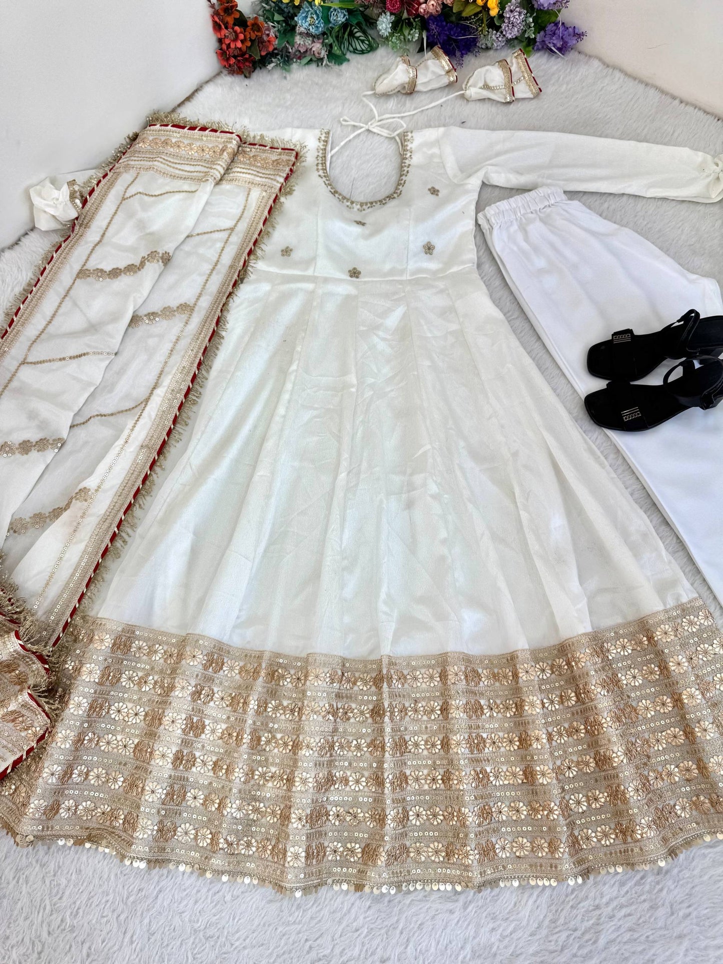 LUXURY CHINON SILK WHITE ANARKALI SUIT WITH RICH EMBROIDERY WORK