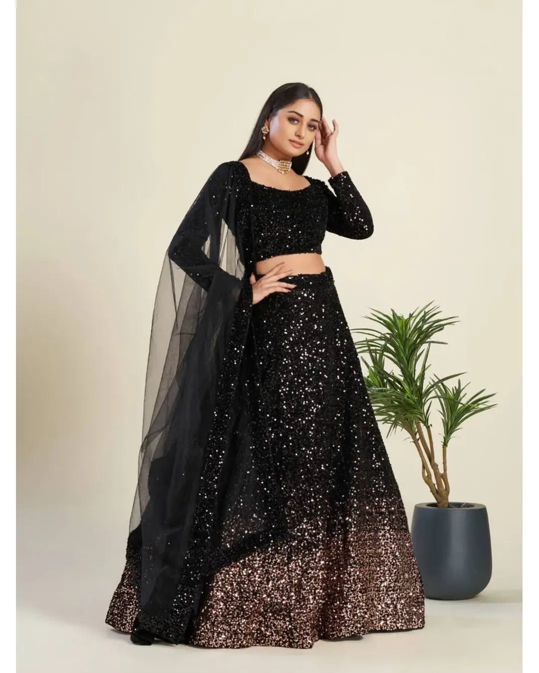 AMAZING BLACK SEQUENCE VELVET PARTY WEAR LEHENGA CHOLI WITH DUPATTA