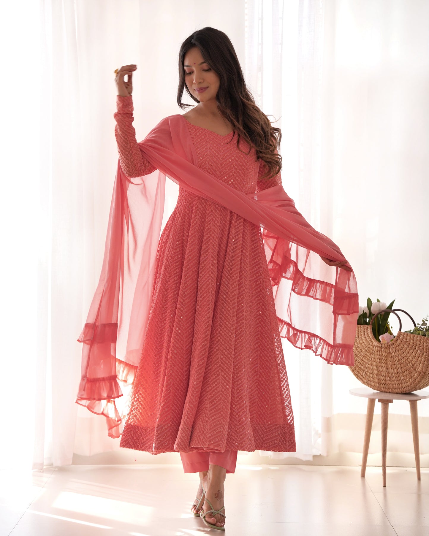 PEACH COLOR LUCKNOWI GEORGETTE ANARKALI SUIT SET OF 3