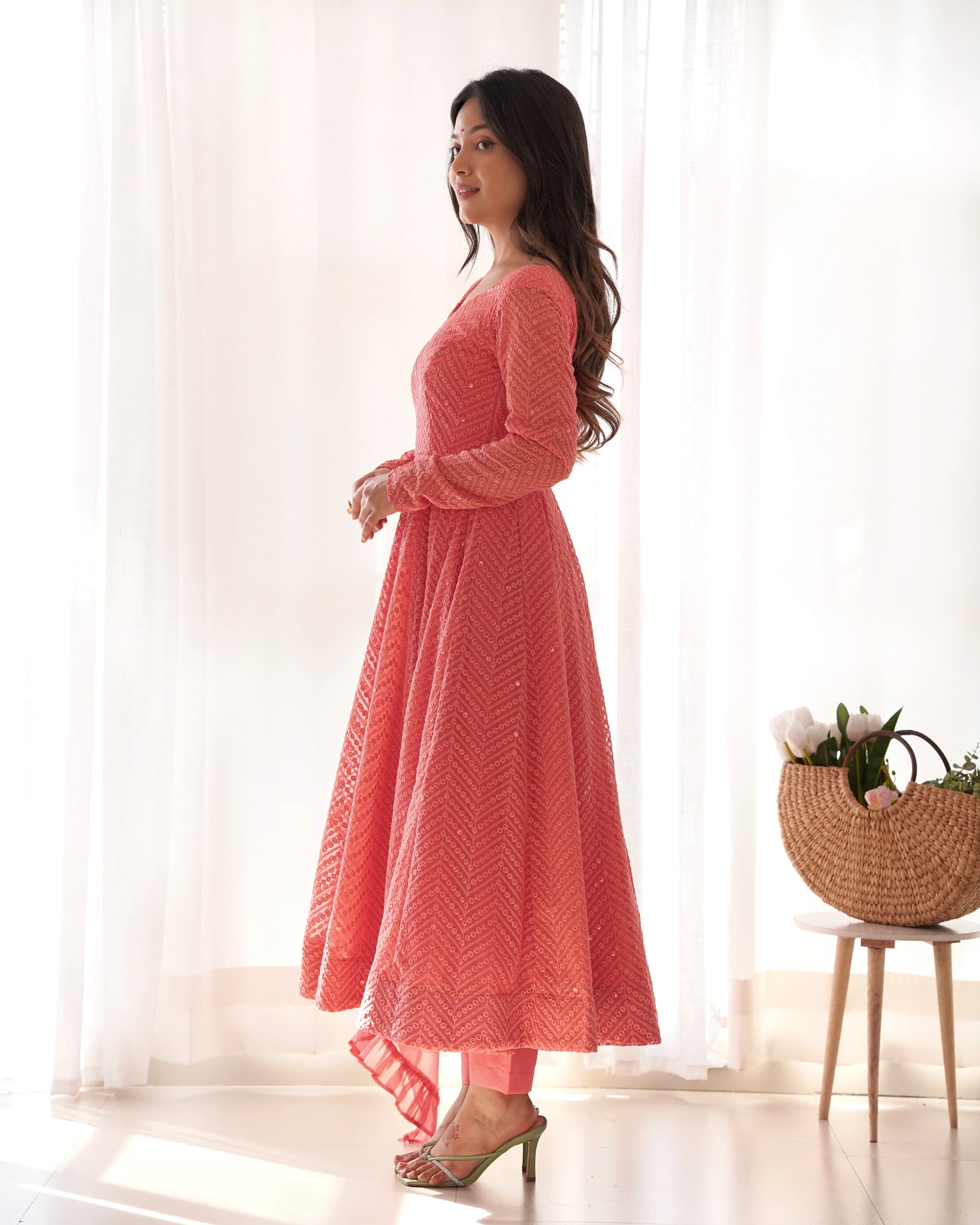 PEACH COLOR LUCKNOWI GEORGETTE ANARKALI SUIT SET OF 3