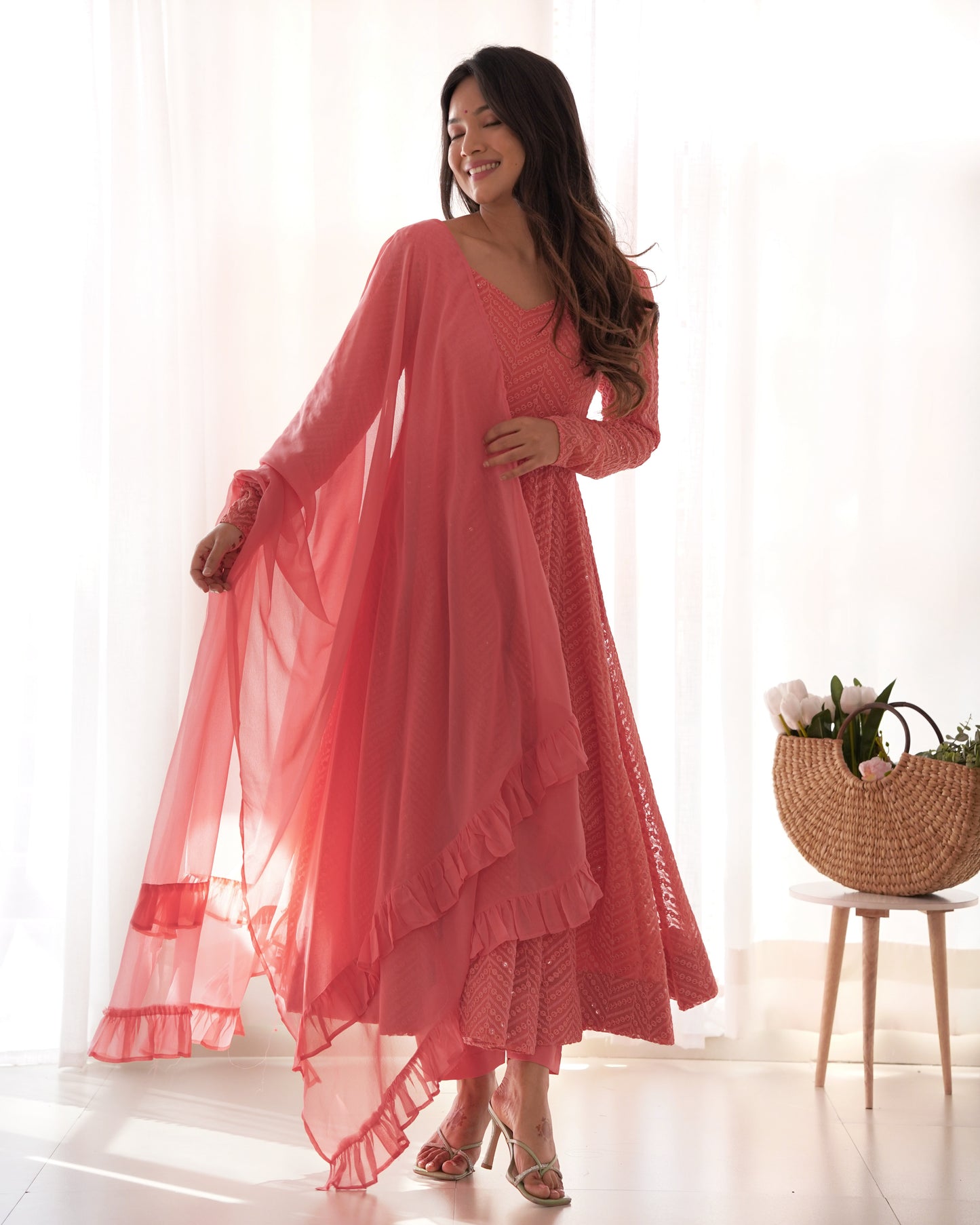 PEACH COLOR LUCKNOWI GEORGETTE ANARKALI SUIT SET OF 3