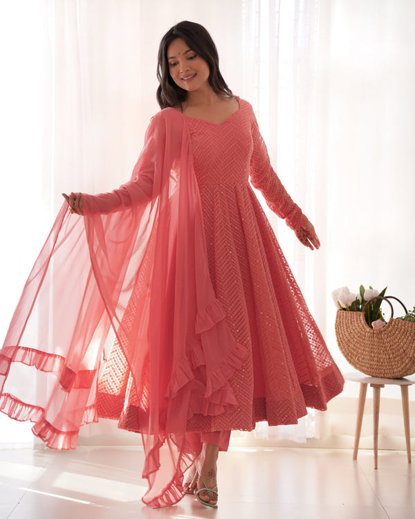 PEACH COLOR LUCKNOWI GEORGETTE ANARKALI SUIT SET OF 3