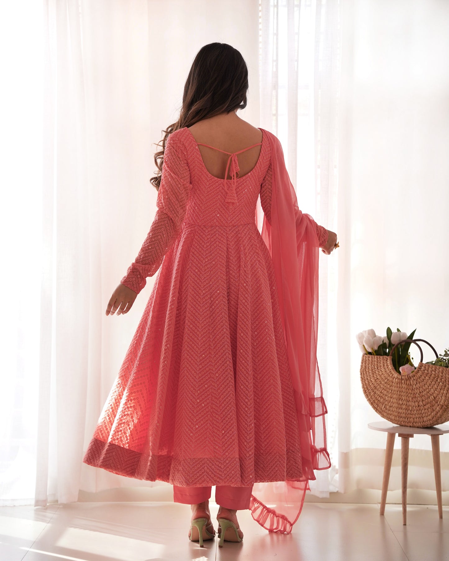 PEACH COLOR LUCKNOWI GEORGETTE ANARKALI SUIT SET OF 3