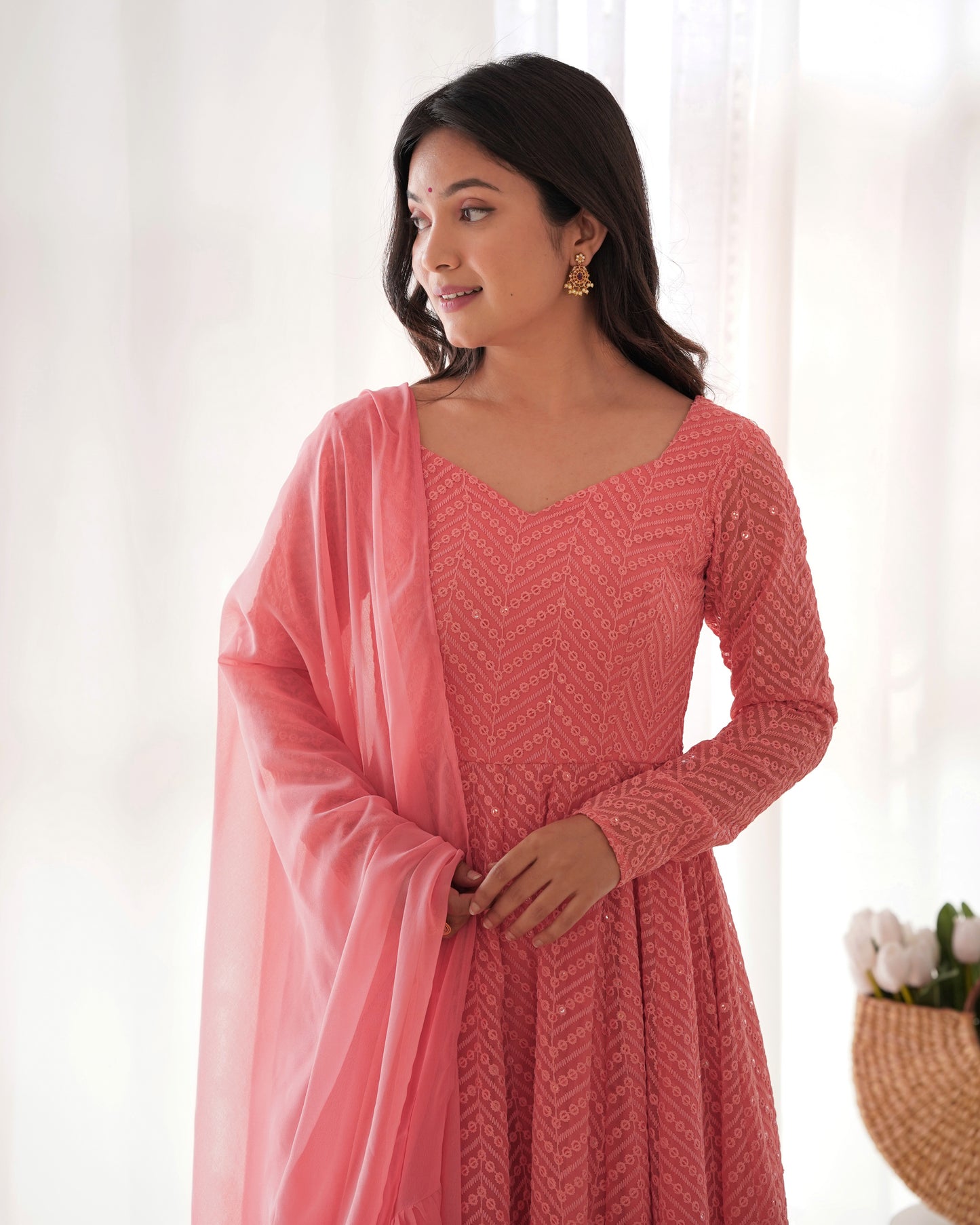 PEACH COLOR LUCKNOWI GEORGETTE ANARKALI SUIT SET OF 3