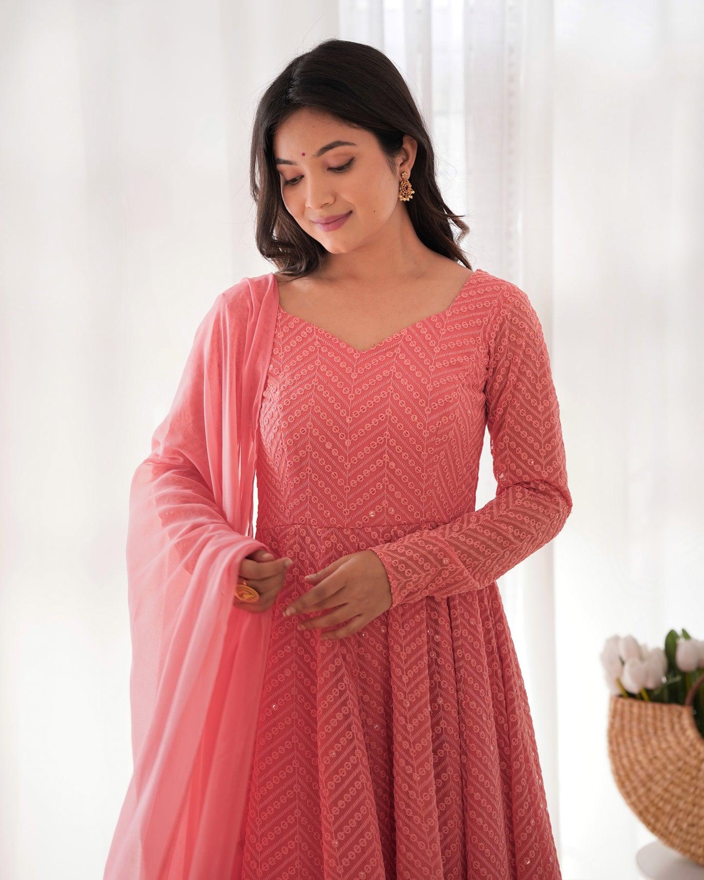 PEACH COLOR LUCKNOWI GEORGETTE ANARKALI SUIT SET OF 3
