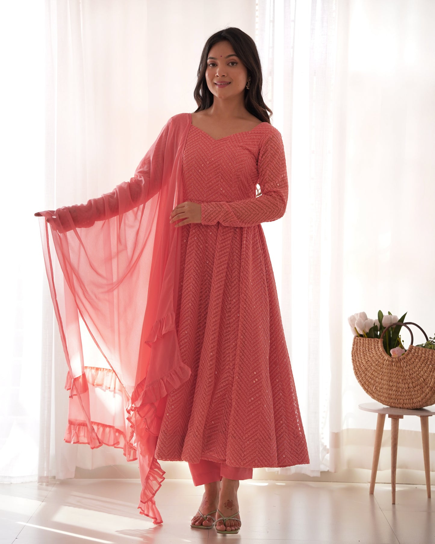 PEACH COLOR LUCKNOWI GEORGETTE ANARKALI SUIT SET OF 3