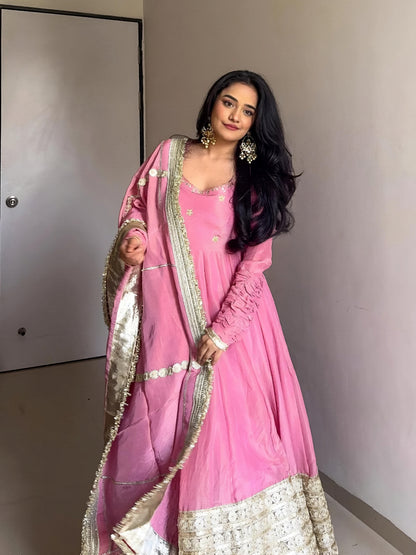 MOST TRENDING PINK COLOR EMBROIDERY SEQUENCE WORK ANARKALI SUIT