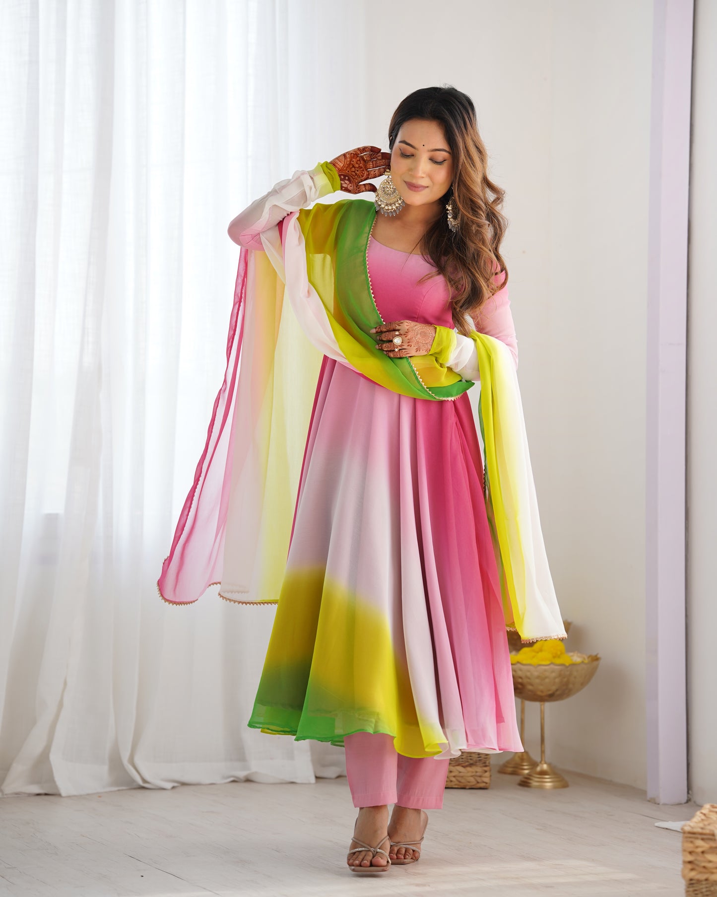 MULTI PINK COLOR GEORGETTE BASE ANARKALI SUIT SET OF 3