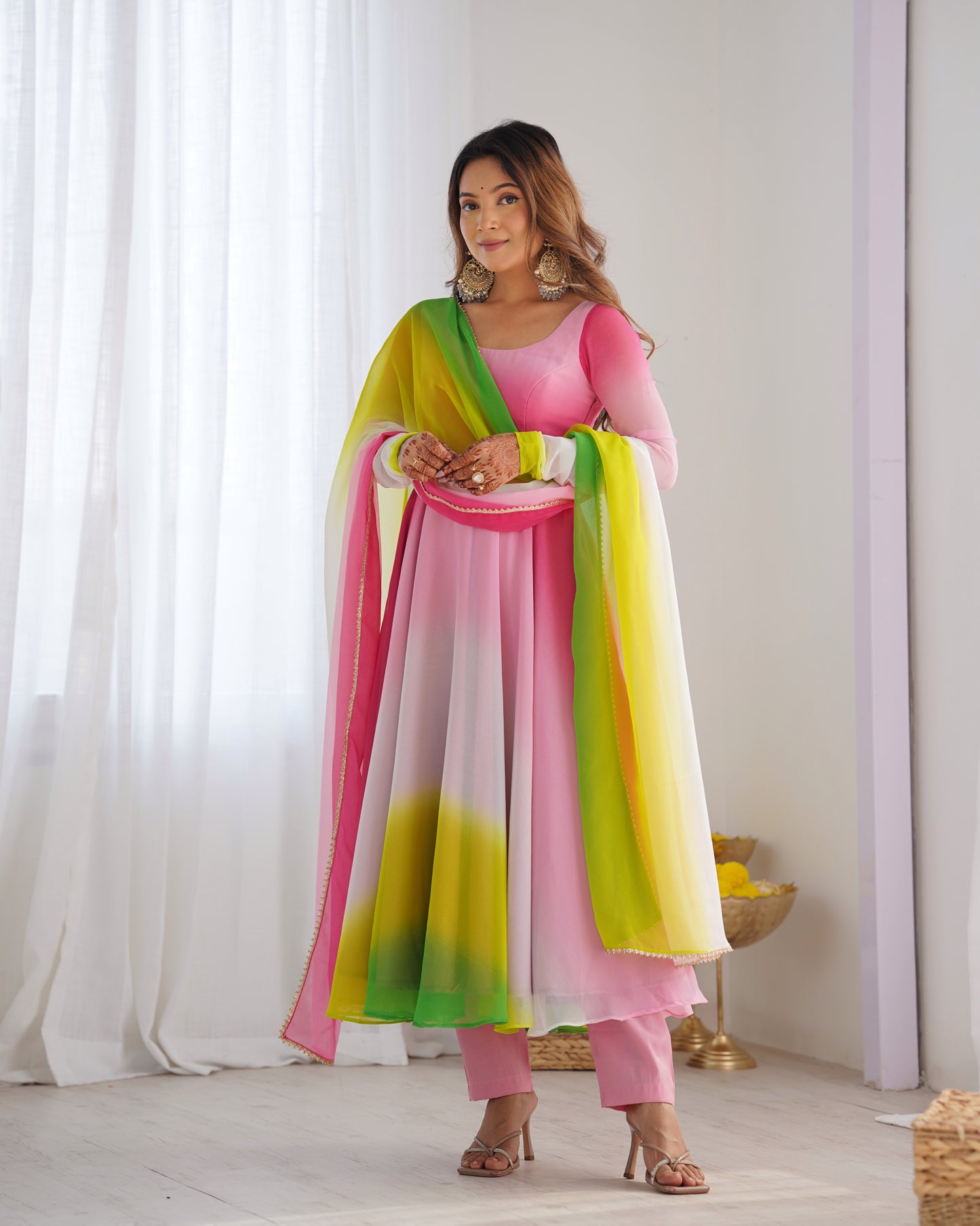MULTI PINK COLOR GEORGETTE BASE ANARKALI SUIT SET OF 3