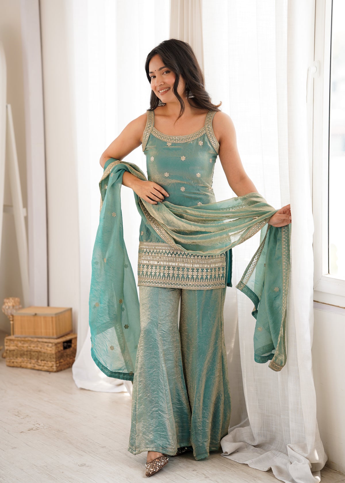 SEA GREEN FENDY SILK EMBROIDERED KURTA WITH BELL BOTTOM SET
